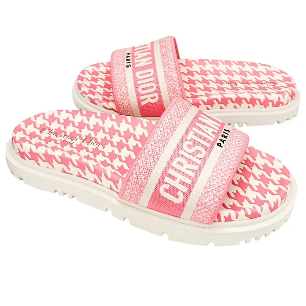 Christian Dior Dway Pink White Logo Houndstooth Slide Mule Flat Flop Sandal 39
